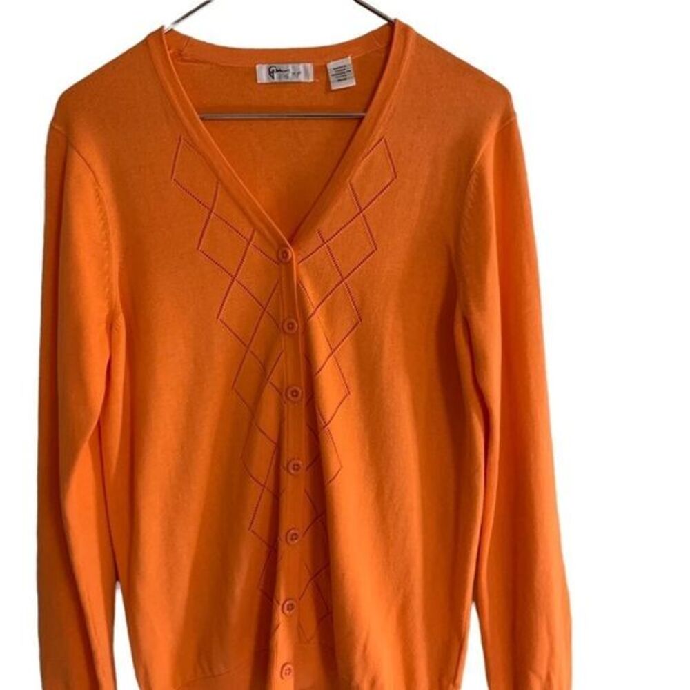 Greg Norman Cardigan Orange M Women Pointelle Argyle V-Neck Button Front Sweater